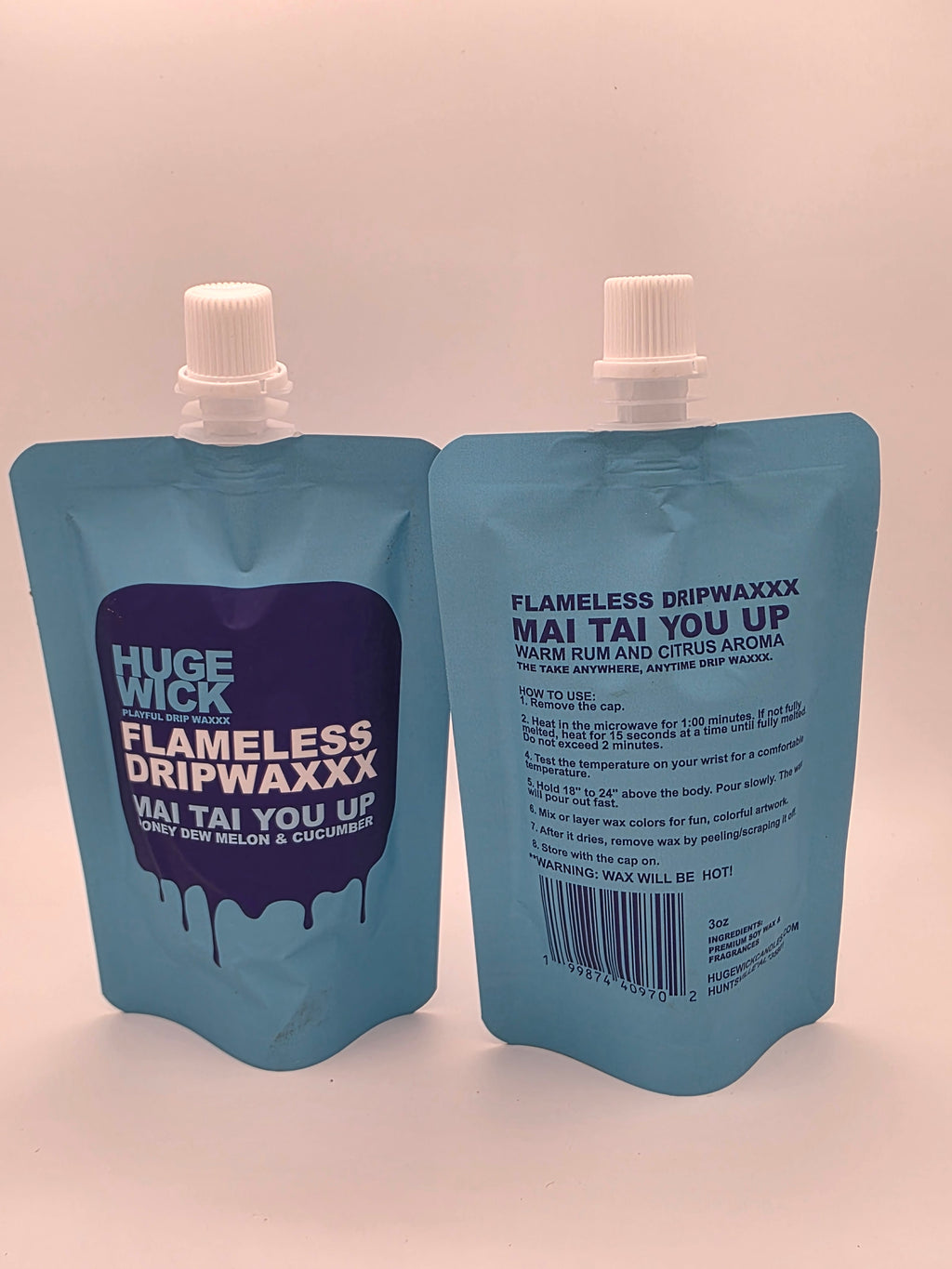 Mai Tai You Up Flameless Dripwaxxx pouch, front and back with directions