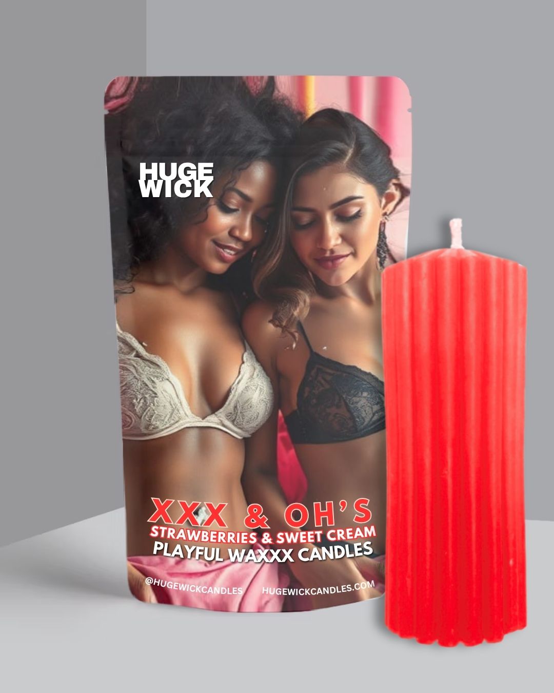 Red XXX & Oh's wax play drip candle beside its box