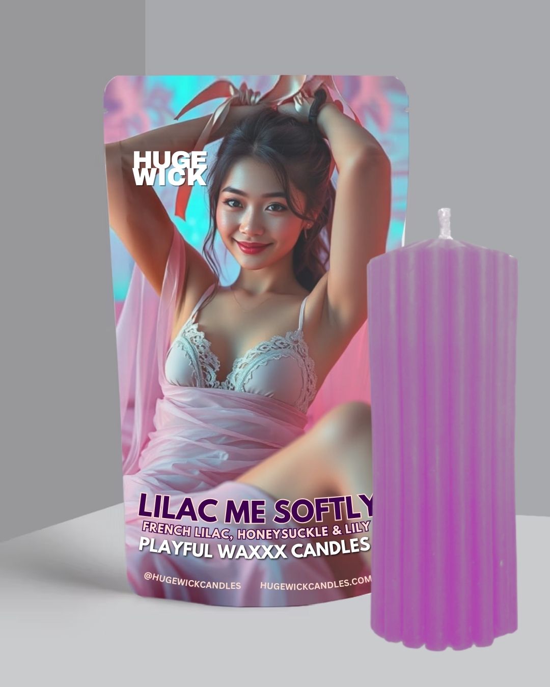 Lavender Lilac Me Softly wax play drip candle beside its box
