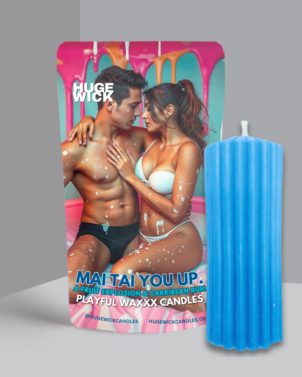 Blue Mai Tai You Up wax play drip candle beside its box