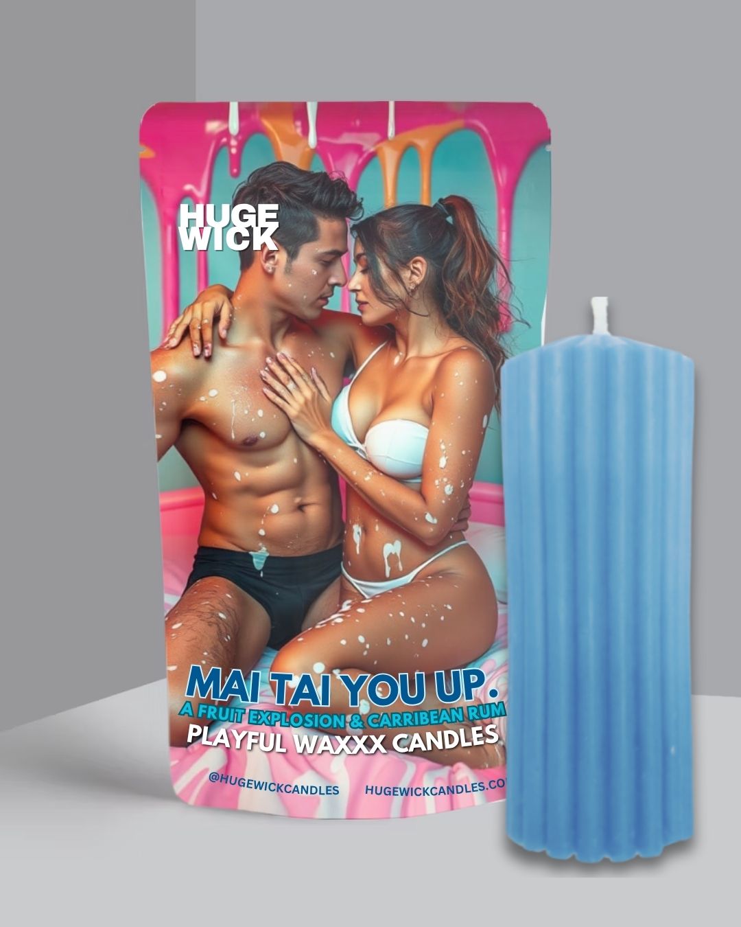 Blue Mai Tai You Up wax play drip candle beside its box