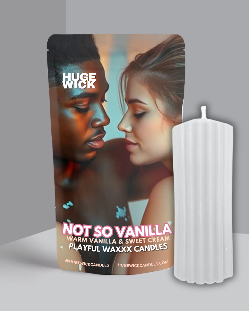 White Not So Vanilla wax play drip candle beside its box