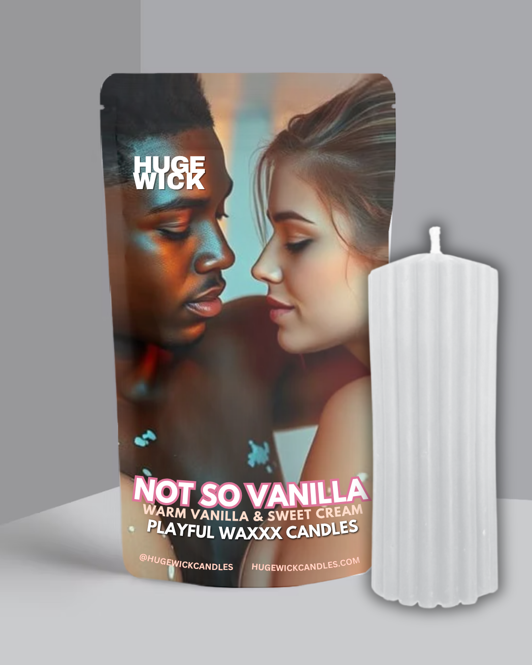 White Not So Vanilla wax play drip candle beside its box