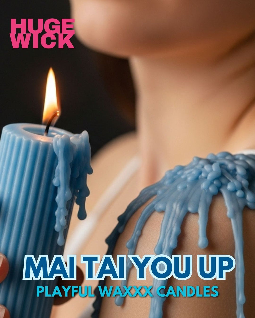 Lit blue Mai Tai You Up drip candle with blue wax dripping over a shoulder
