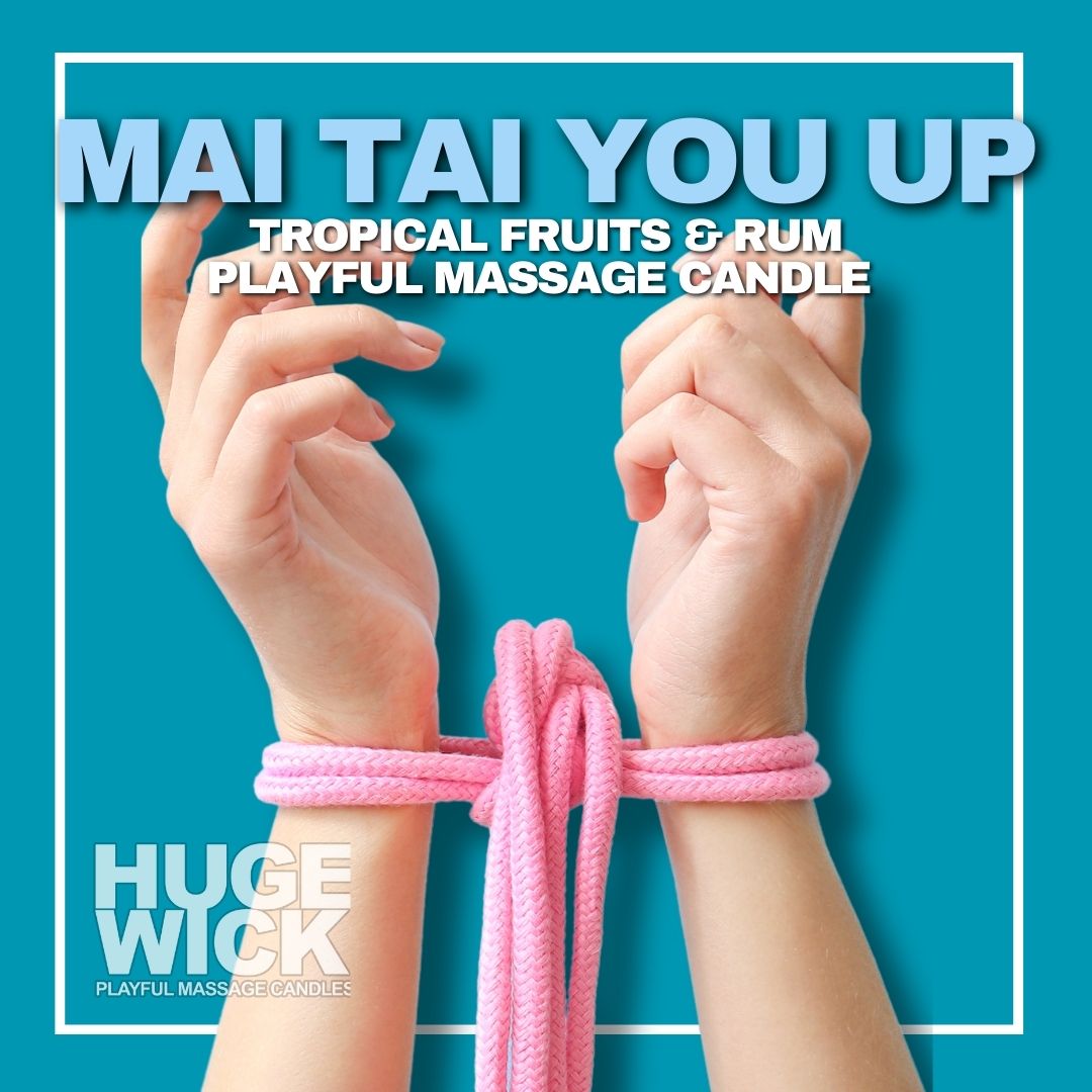 Mai Tai You Up ad: wrists tied with soft pink rope on a turquoise background