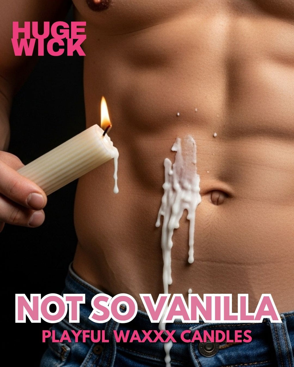 Lit Not So Vanilla drip candle dripping white wax onto a man's abs
