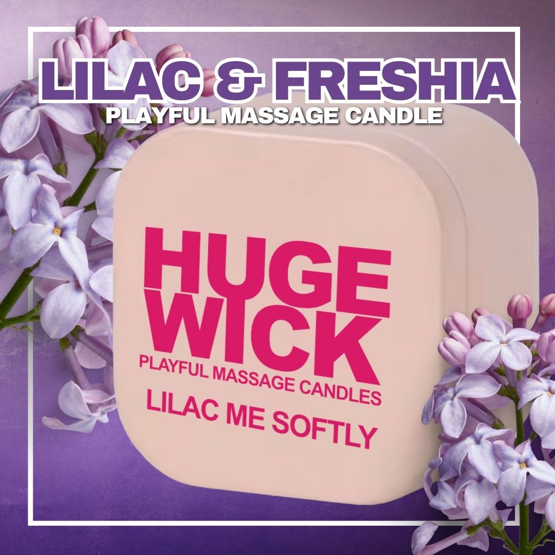 Lilac Me Softly playful massage candle tin with purple lilac and freesia flowers