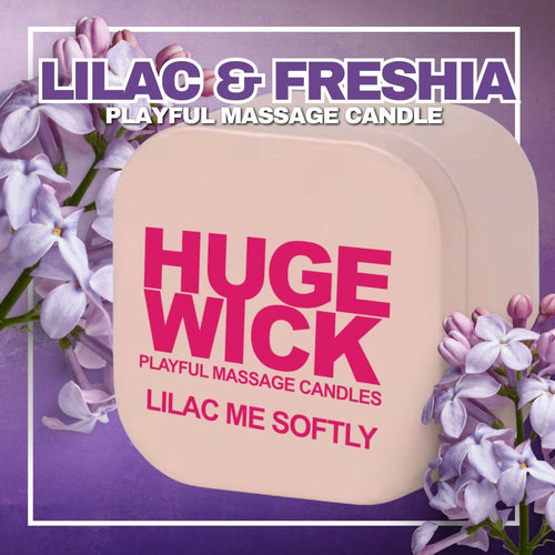 Lilac Me Softly playful massage candle tin with purple lilac and freesia flowers