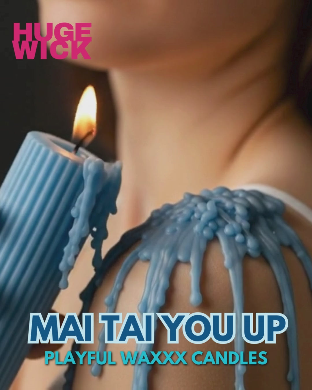 Blue Mai Tai You Up wax play candle with wax drips on a woman's shoulder
