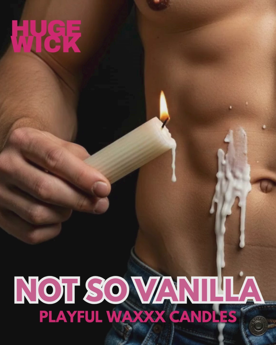 Lit Not So Vanilla wax play candle held over a man's torso